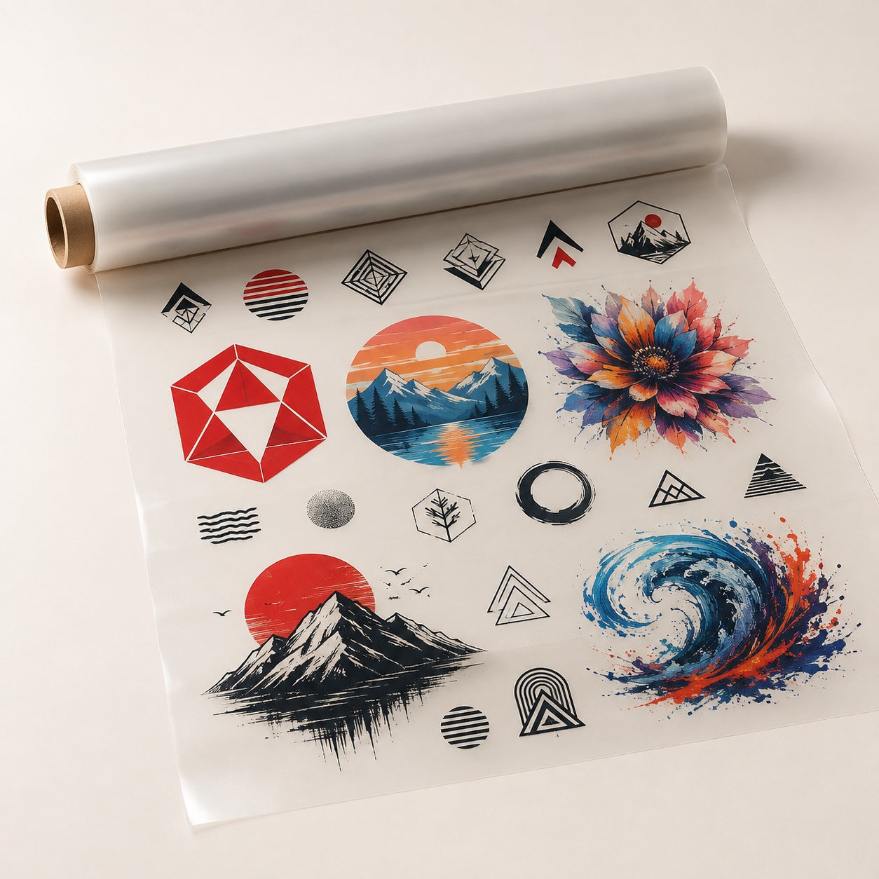 Illustrative mockup of a partially unrolled DTF gang sheet with colorful sample designs on a warm white background